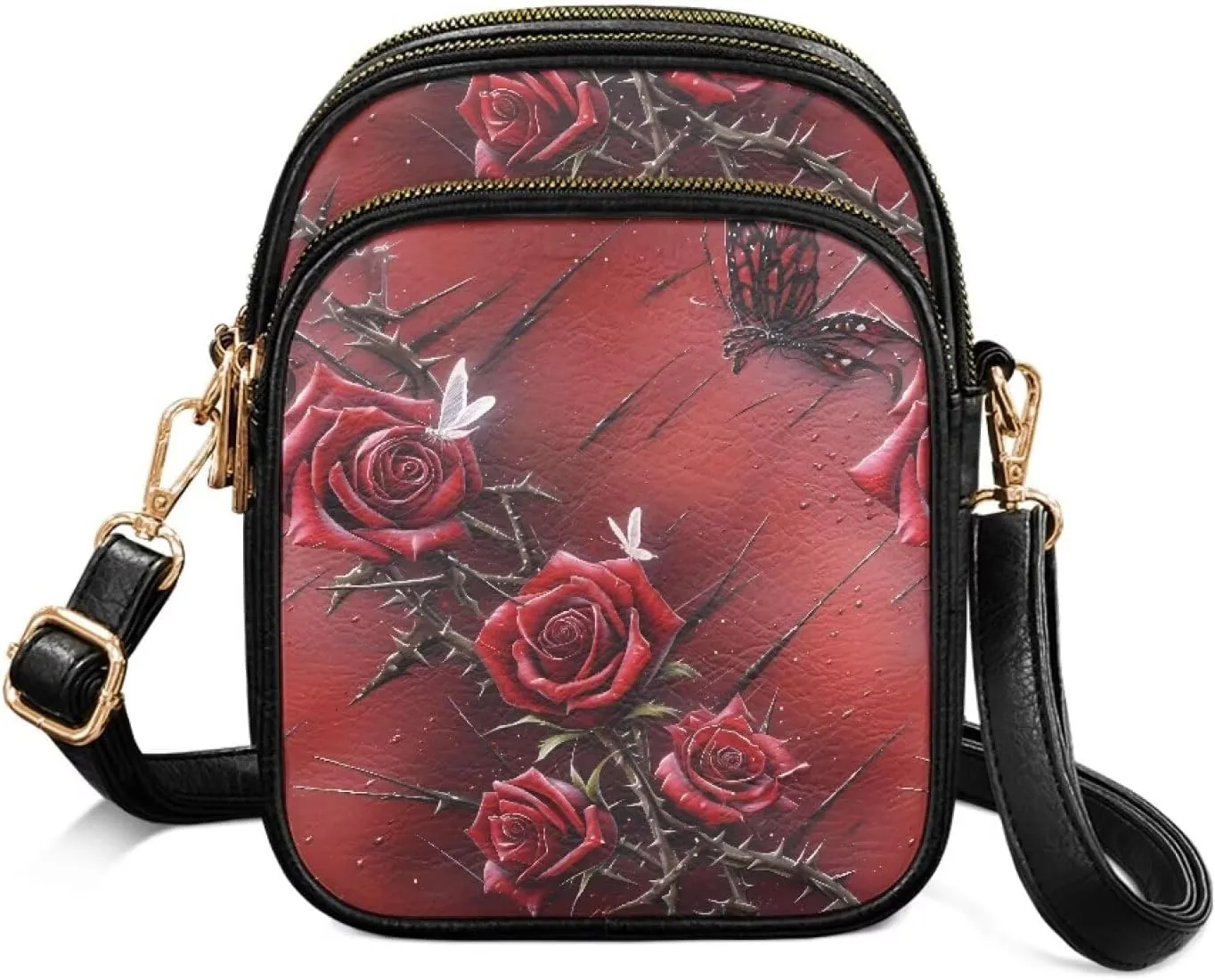 Gothic Small Crossbody Bags PU Leather Handbags for Women, Travel Wallet Zipper Phone Pouch with Adjustable Strap