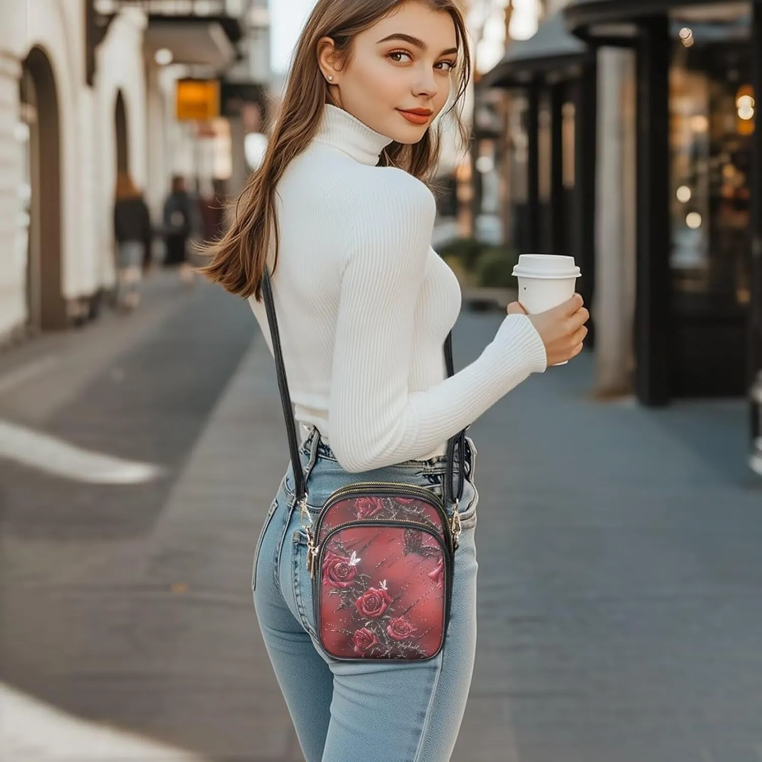 Gothic Small Crossbody Bags PU Leather Handbags for Women, Travel Wallet Zipper Phone Pouch with Adjustable Strap