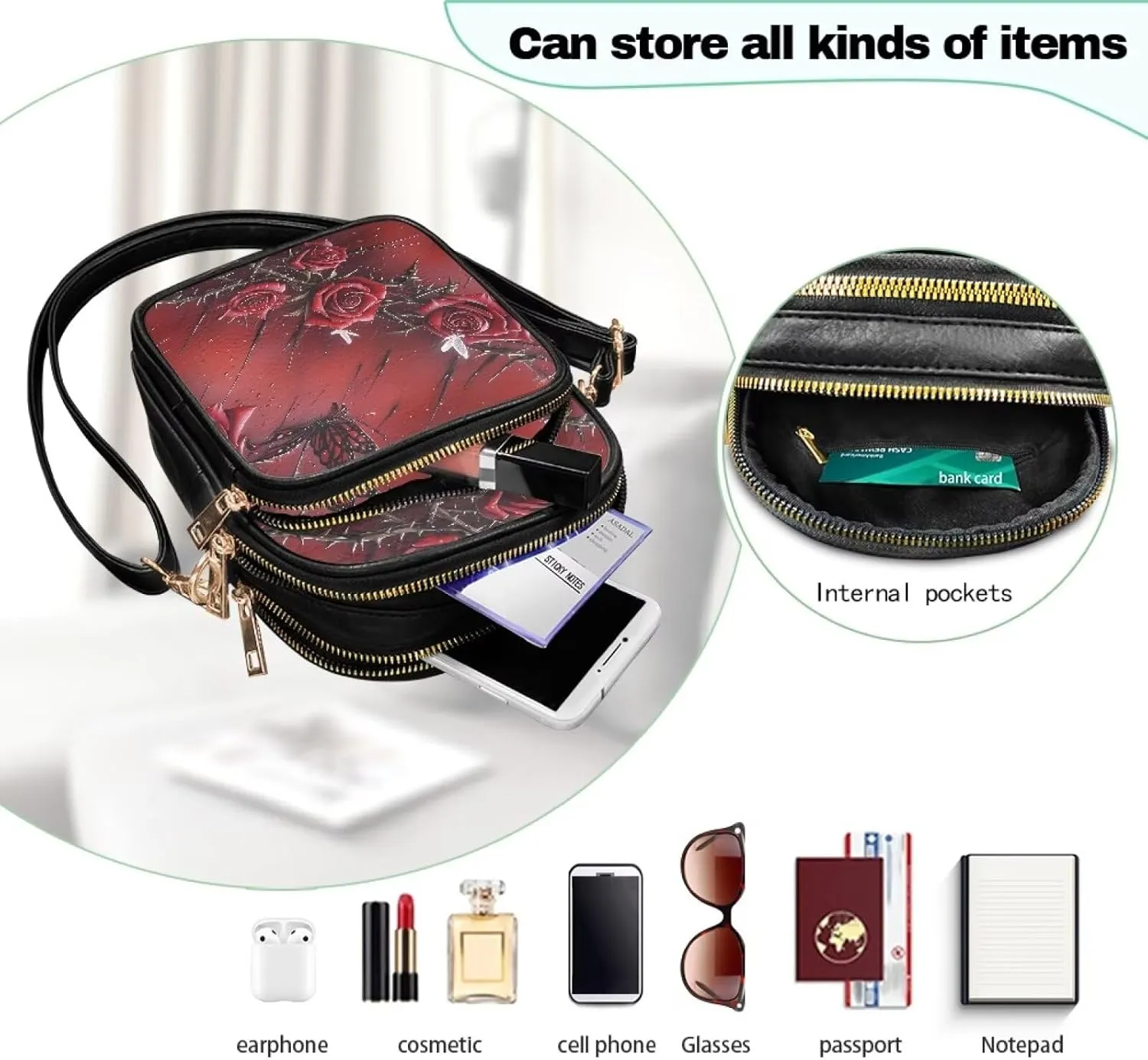 Gothic Small Crossbody Bags PU Leather Handbags for Women, Travel Wallet Zipper Phone Pouch with Adjustable Strap