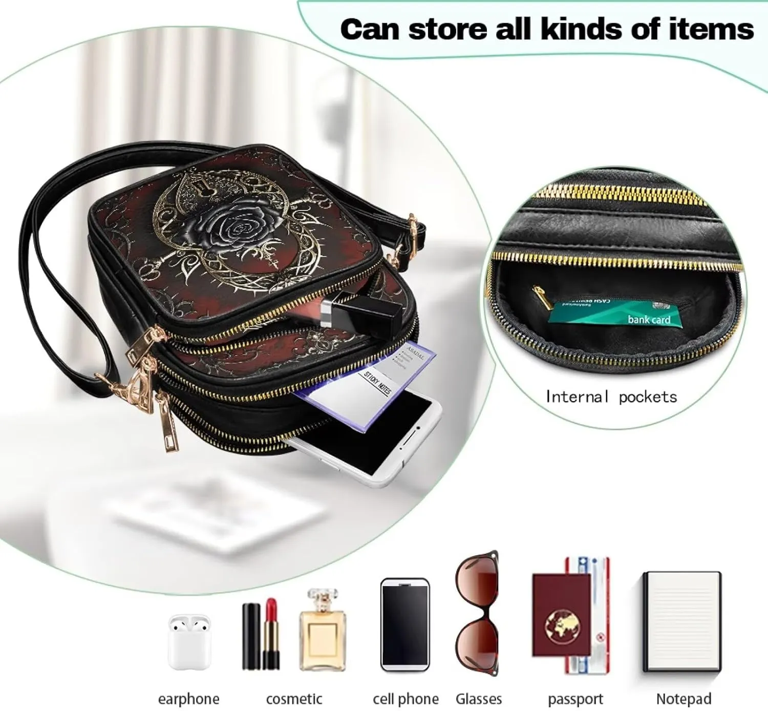 Gothic Small Crossbody Bags PU Leather Handbags for Women, Travel Wallet Zipper Phone Pouch with Adjustable Strap