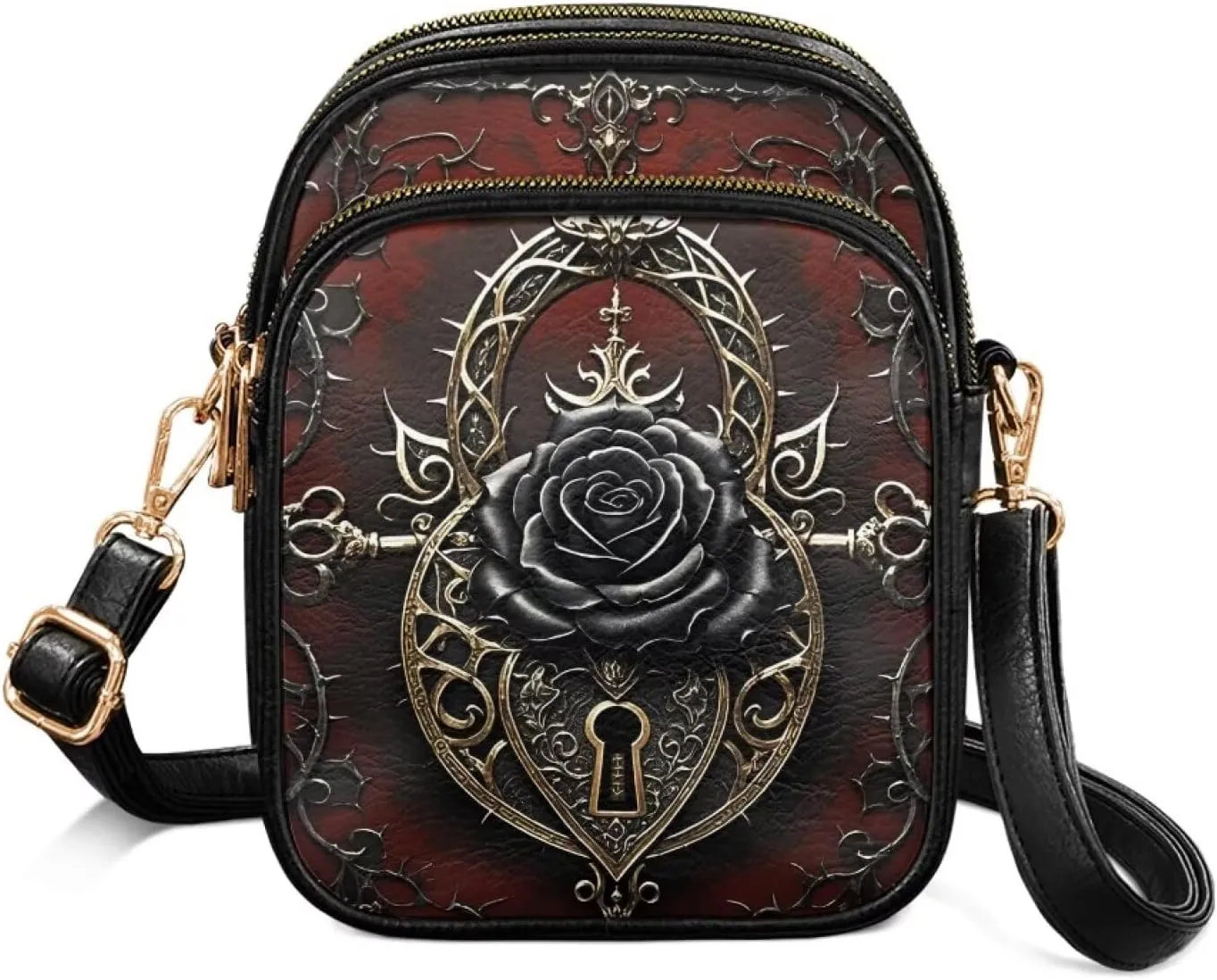 Gothic Small Crossbody Bags PU Leather Handbags for Women, Travel Wallet Zipper Phone Pouch with Adjustable Strap