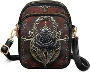 Gothic Small Crossbody Bags PU Leather Handbags for Women, Travel Wallet Zipper Phone Pouch with Adjustable Strap