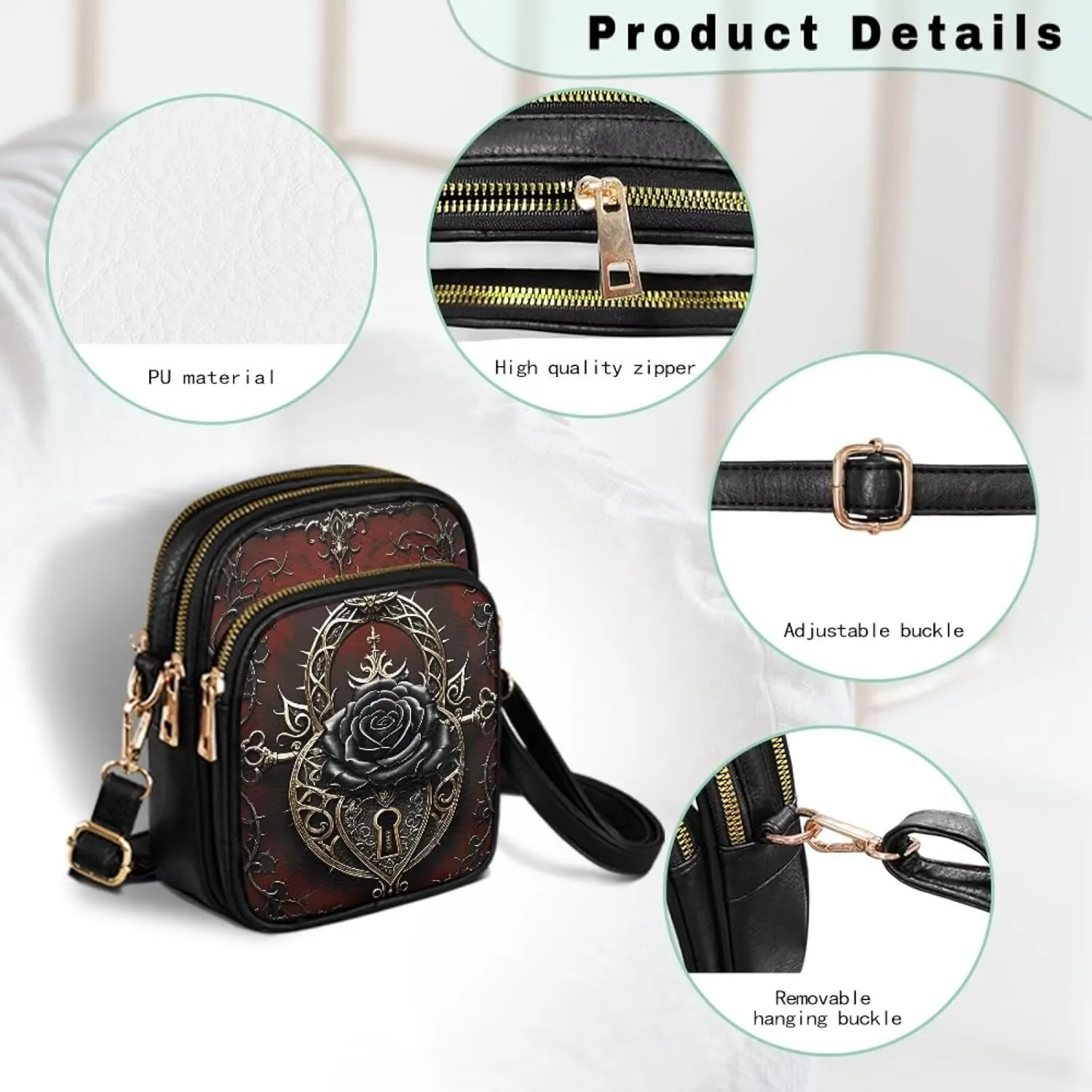 Gothic Small Crossbody Bags PU Leather Handbags for Women, Travel Wallet Zipper Phone Pouch with Adjustable Strap