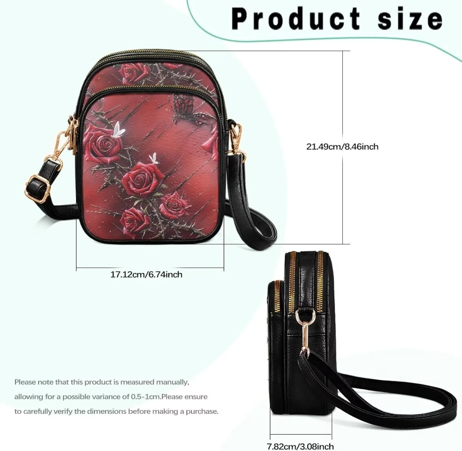 Gothic Small Crossbody Bags PU Leather Handbags for Women, Travel Wallet Zipper Phone Pouch with Adjustable Strap