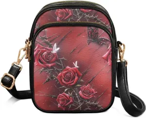 Gothic Small Crossbody Bags PU Leather Handbags for Women, Travel Wallet Zipper Phone Pouch with Adjustable Strap