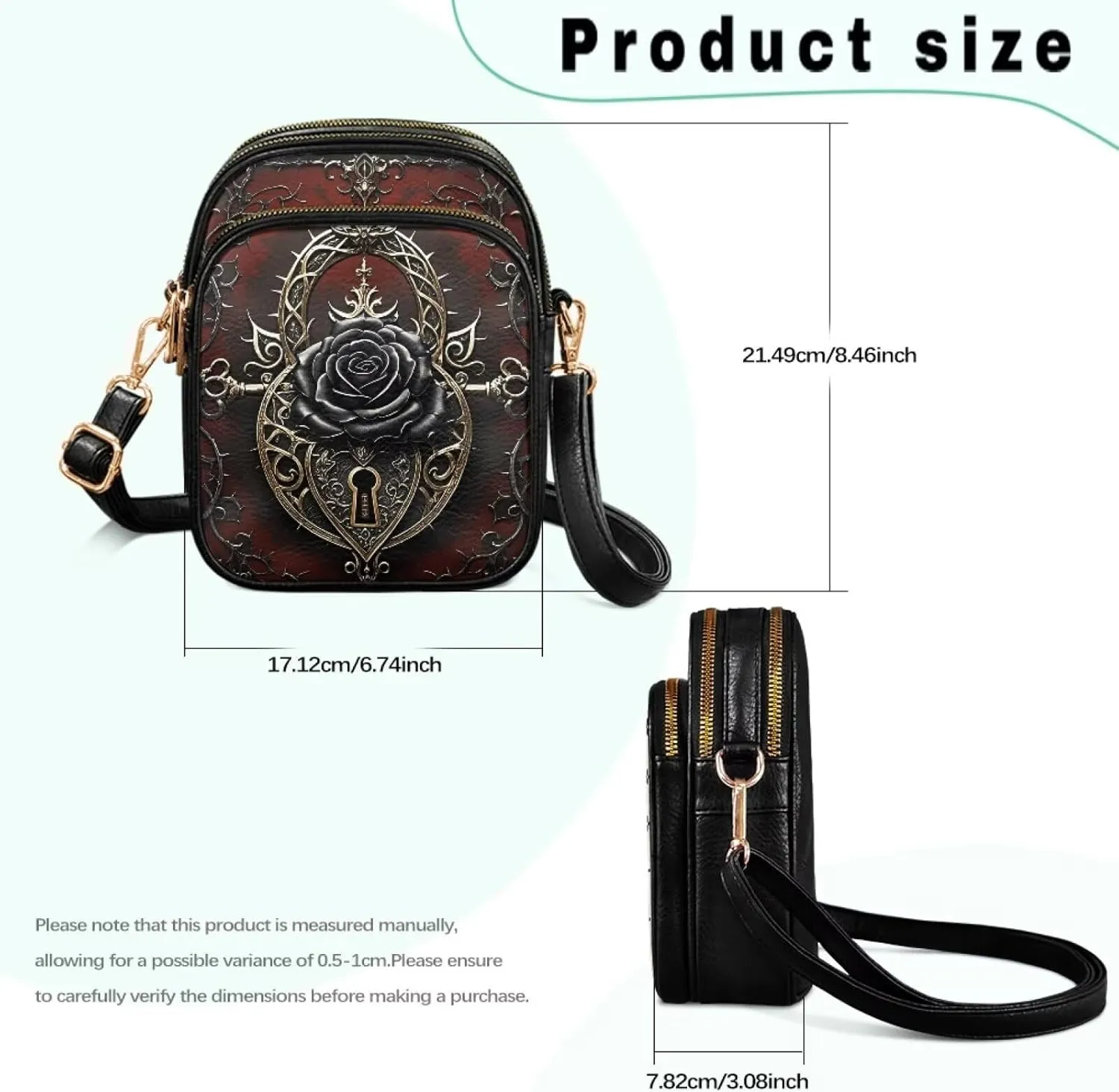 Gothic Small Crossbody Bags PU Leather Handbags for Women, Travel Wallet Zipper Phone Pouch with Adjustable Strap