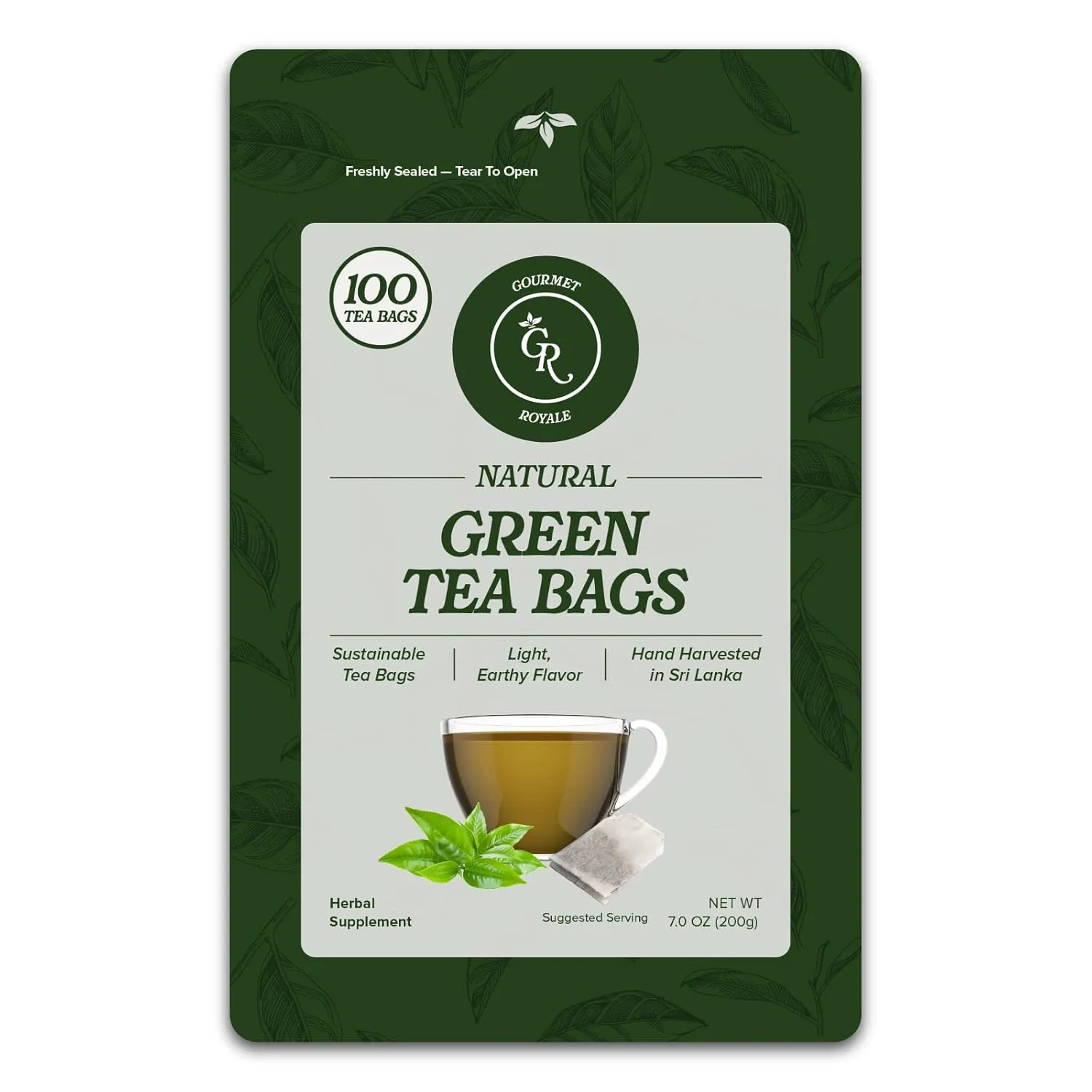 Gourmet Royale Green Tea Bags, 100 Count, Sustainable Tea Bags, Caffeinated, Resealable Pouch, Pure & Natural, Grown in Sri Lanka (Pack of 1)