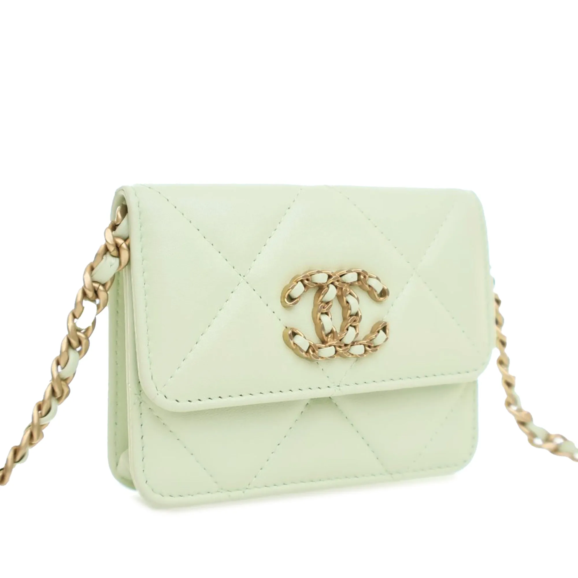 Green Chanel Quilted Goatskin 19 Card Holder On Chain Crossbody Bag