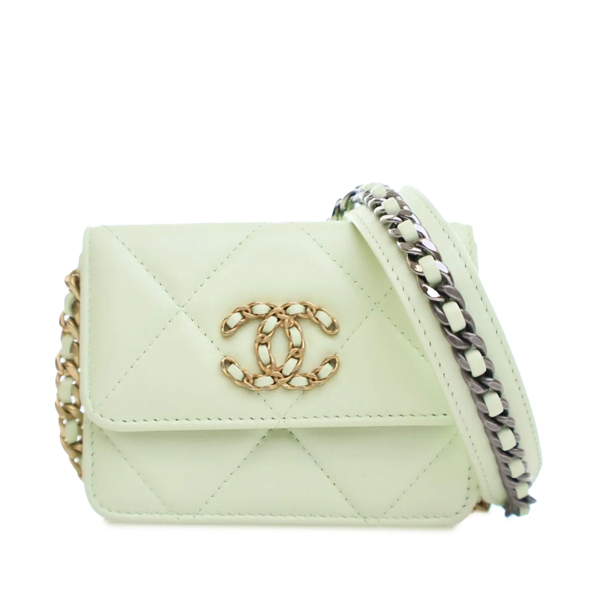 Green Chanel Quilted Goatskin 19 Card Holder On Chain Crossbody Bag