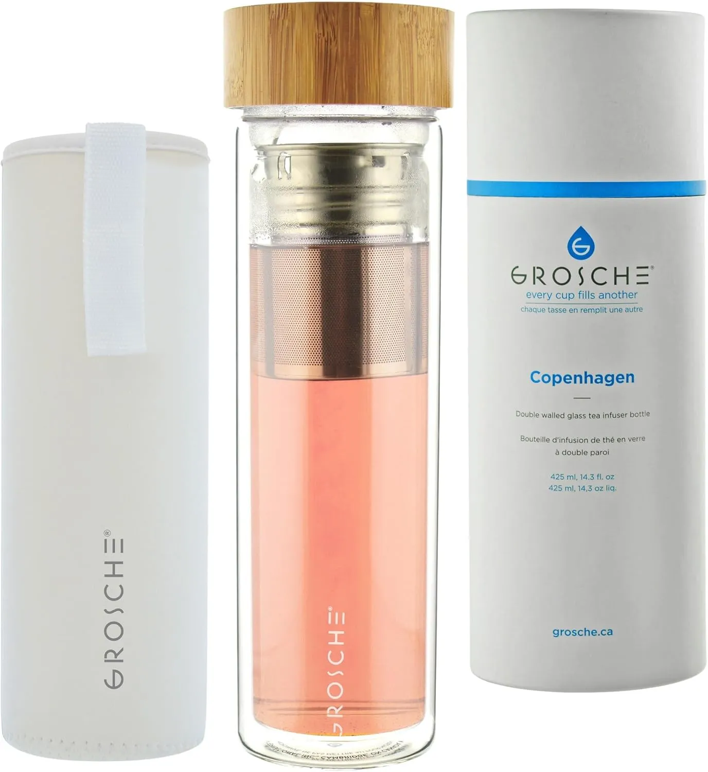 GROSCHE Copenhagen Tea and Fruit Infuser Water Bottle - Double Walled Glass | Hot & Cold Tea Infuser Bottle with Bamboo Lid and Neoprene Sleeve (425ml)