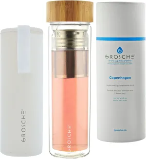 GROSCHE Copenhagen Tea and Fruit Infuser Water Bottle - Double Walled Glass | Hot & Cold Tea Infuser Bottle with Bamboo Lid and Neoprene Sleeve (425ml)