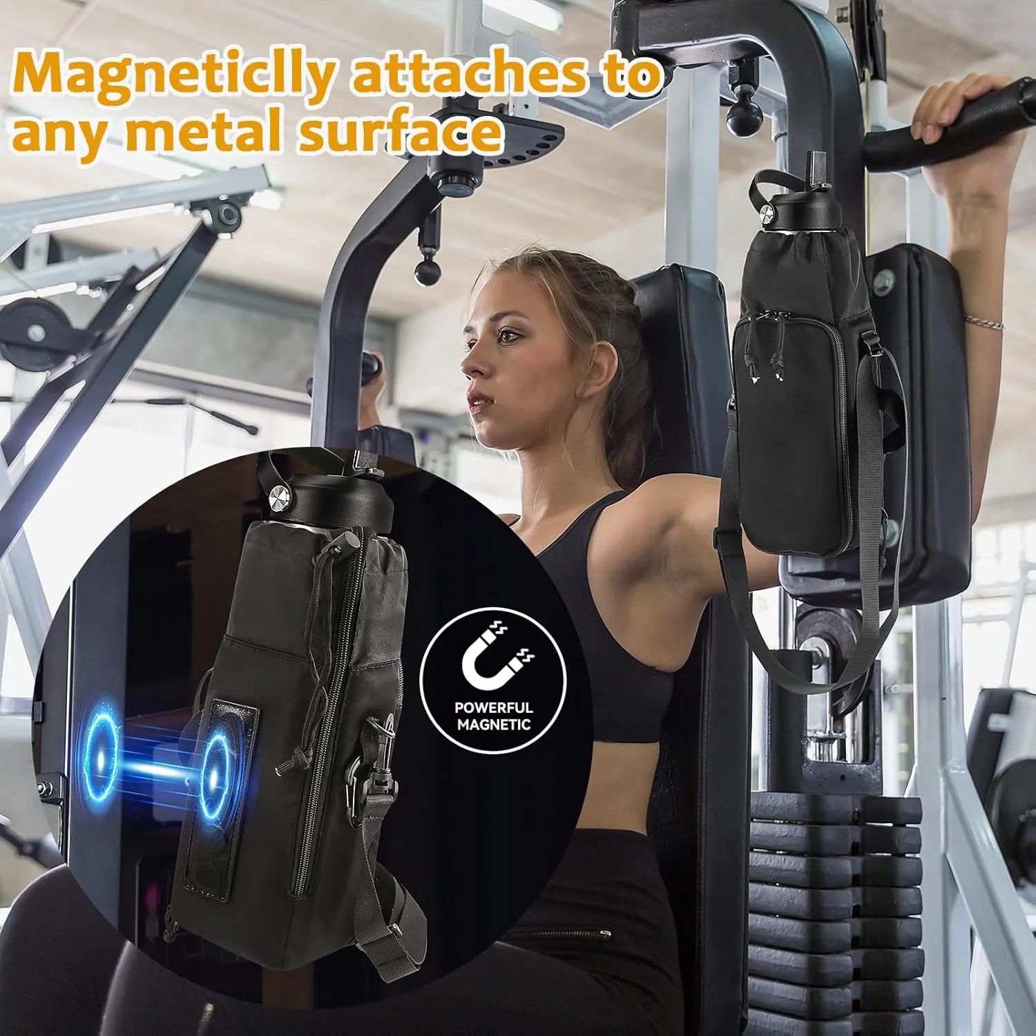 Gym Magnetic Water Bottle Holder with Adjustable Shoulder Strap and Phone Pocket,Holds 30/40oz Bottle Sleeve with Handle/Handleless,7 Card Pockets