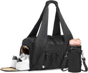 Gym Tote Bag for Women with Water Bottle Pack, Lightweight Duffle Bags for with Shoe Compartment, Workout Yoga Mat Luggage(Black)