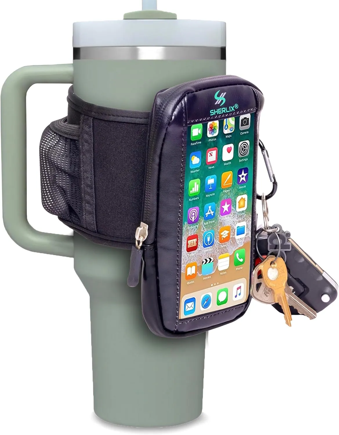 Gym Water Bottle Pouch with Waterproof Touchscreen Accessory Pocket for Phone. Keychain Carabiner, Side Mesh Pocket for AirPods. Fits 18-40 oz Stanley, Hydro Flask, Yeti, Iron Flask Bottles