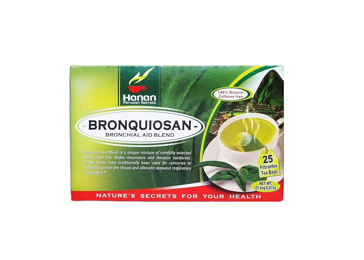Hanan Peruvian Secrets Bronquiosan Herbal Tea | 100% Natural Bronchial Aid Blend | 25 Tea Bags | Naturally Aids in Soothing the Throat and Alleviating Seasonal Respiratory Discomfort - 3 Pack
