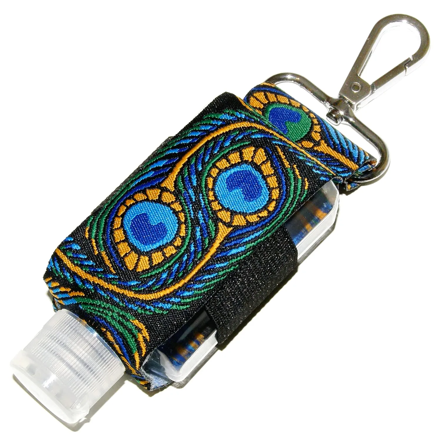 Hand Sanitizer Holder With Refillable Container - Embroidered Peacock Pattern - 2 Ounce Travel Size - Swivel Clip For Backpack, Purse or Keychain - Handmade by Green Acorn Kitchen