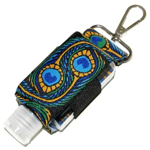Hand Sanitizer Holder With Refillable Container - Embroidered Peacock Pattern - 2 Ounce Travel Size - Swivel Clip For Backpack, Purse or Keychain - Handmade by Green Acorn Kitchen