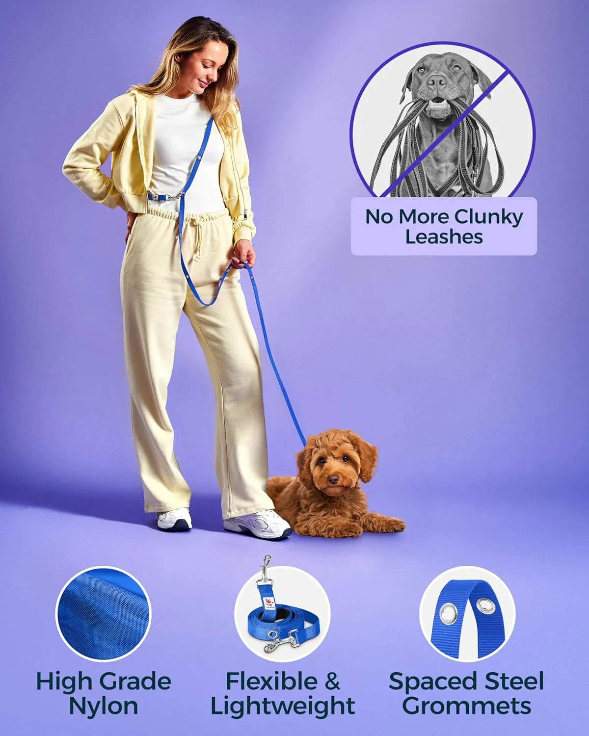 Hands-Free Dog Leash Training Running Snapleash, Waist & Shoulder Lead for Walking, Traffic Lead, Dual Pet Leash Adjustable for Large, Medium and Small Dog Breeds (Blue, Small (5/8in x 7.5ft))