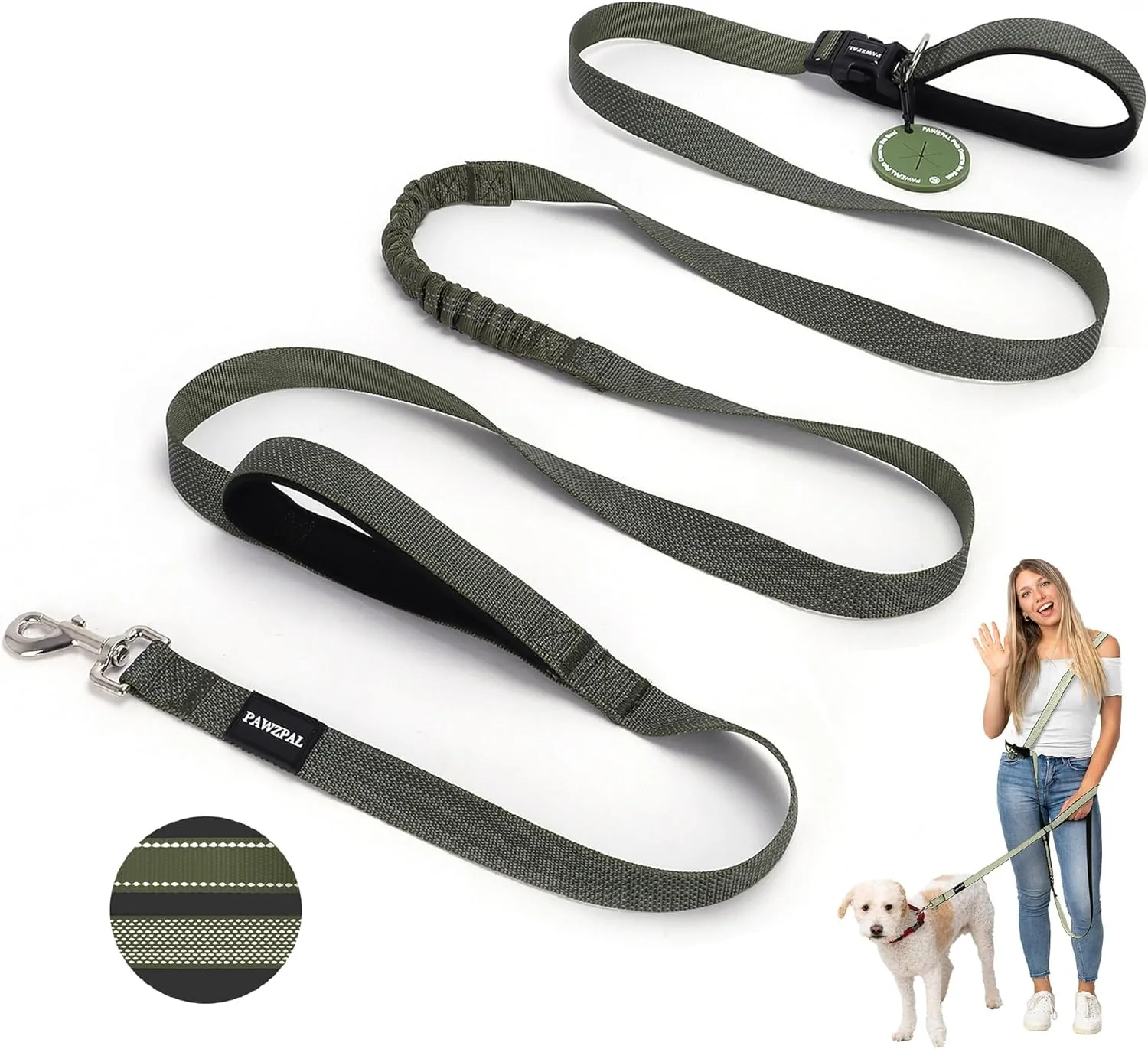 Hands Free Dog Leash with Waste Bag Carrier, 8.2-10ft Adjustable Crossbody/Waist Belt, Long Distance for Running, Hiking – Reflective, Wide-Padded Handles, Anti-Shock Bungee for Medium/Large Dogs