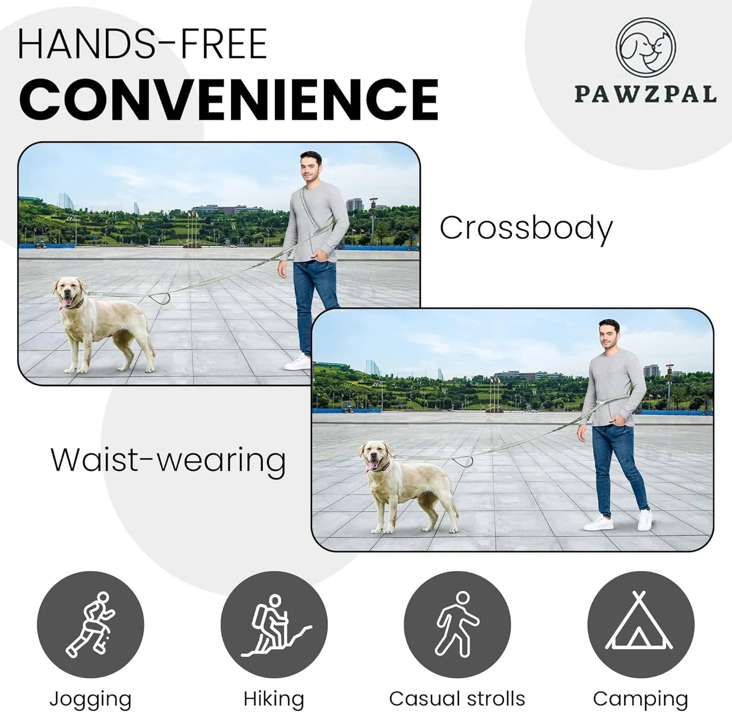Hands Free Dog Leash with Waste Bag Carrier, 8.2-10ft Adjustable Crossbody/Waist Belt, Long Distance for Running, Hiking – Reflective, Wide-Padded Handles, Anti-Shock Bungee for Medium/Large Dogs