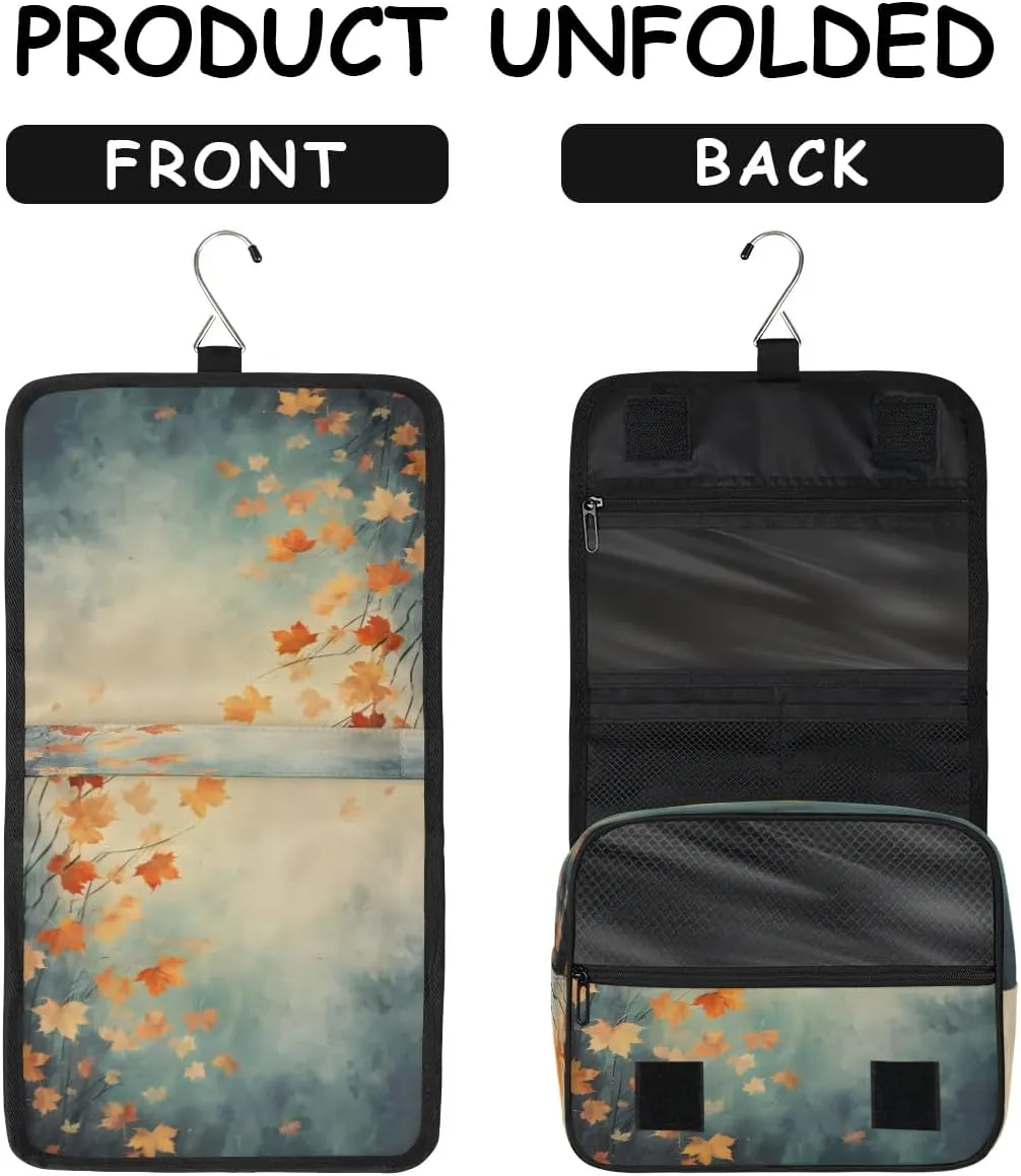 Hanging Travel Toiletry Bag Fall Maple Leaves Toiletry Bags with Hanging Hook Portable Cosmetic Bag Makeup Organizer for Travel Business Trip