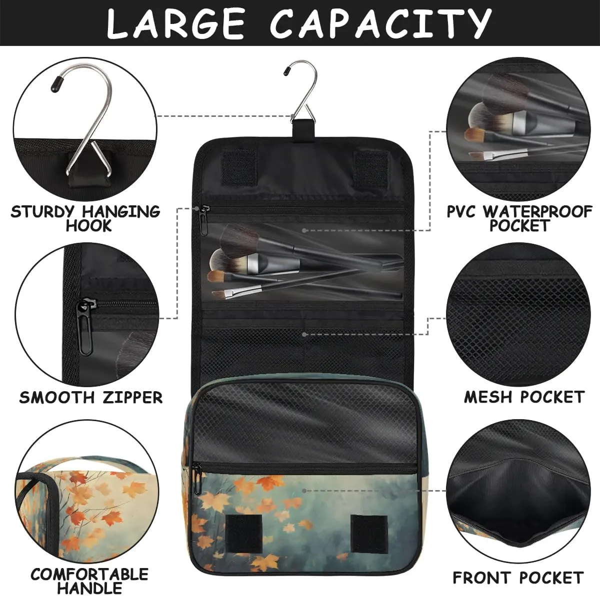 Hanging Travel Toiletry Bag Fall Maple Leaves Toiletry Bags with Hanging Hook Portable Cosmetic Bag Makeup Organizer for Travel Business Trip