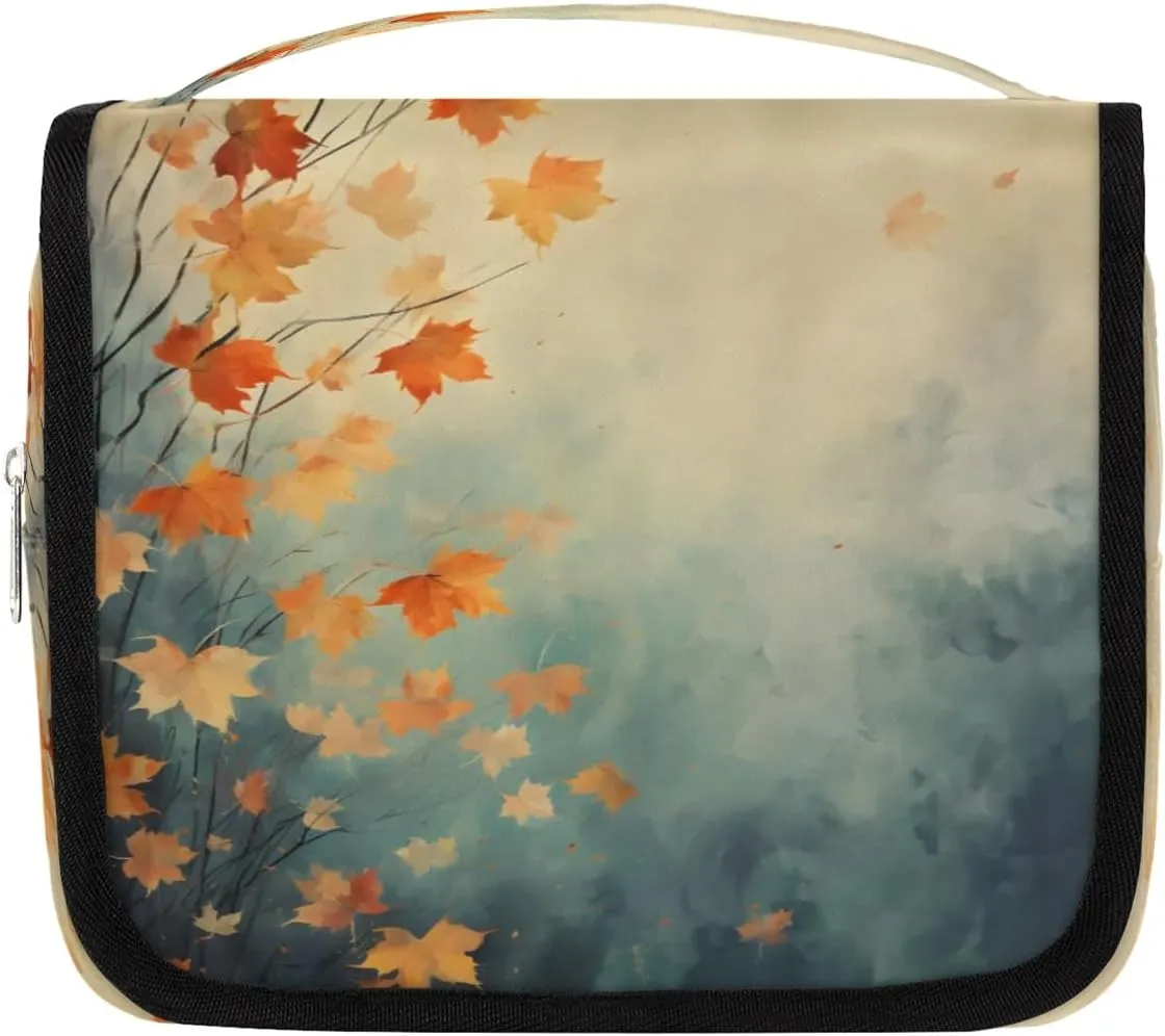 Hanging Travel Toiletry Bag Fall Maple Leaves Toiletry Bags with Hanging Hook Portable Cosmetic Bag Makeup Organizer for Travel Business Trip