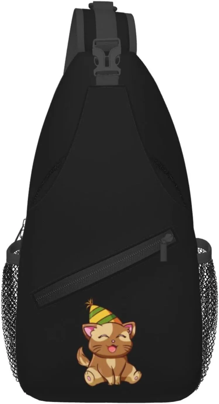 Happy Cat Wearing Birthday Hat Crossbody Bags For Women Men Chest Backpack Gym Shoulder Bag Travel Outdoor Sports Casual Crossbody Bags