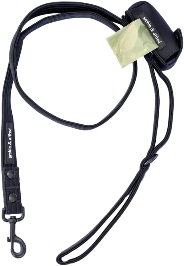 Heavy Duty Dog Leash with Attached Poop Bag Holder - 2 Control Loops Perfect for Small, Medium or Large Dogs | archie & alfred (Black)