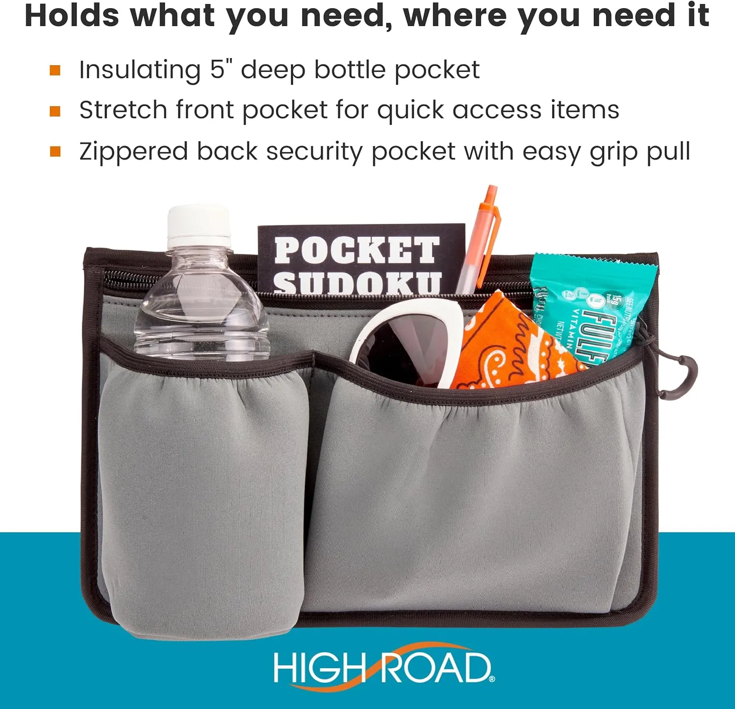 High Road Wheelchair Side Bag - Stretch Neoprene Walker Pouch with Insulating Cup Holder and 2 Storage Pockets
