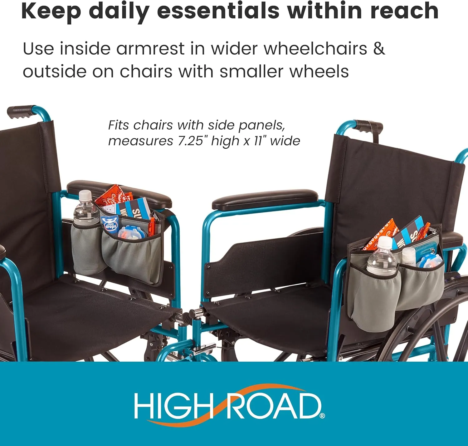 High Road Wheelchair Side Bag - Stretch Neoprene Walker Pouch with Insulating Cup Holder and 2 Storage Pockets