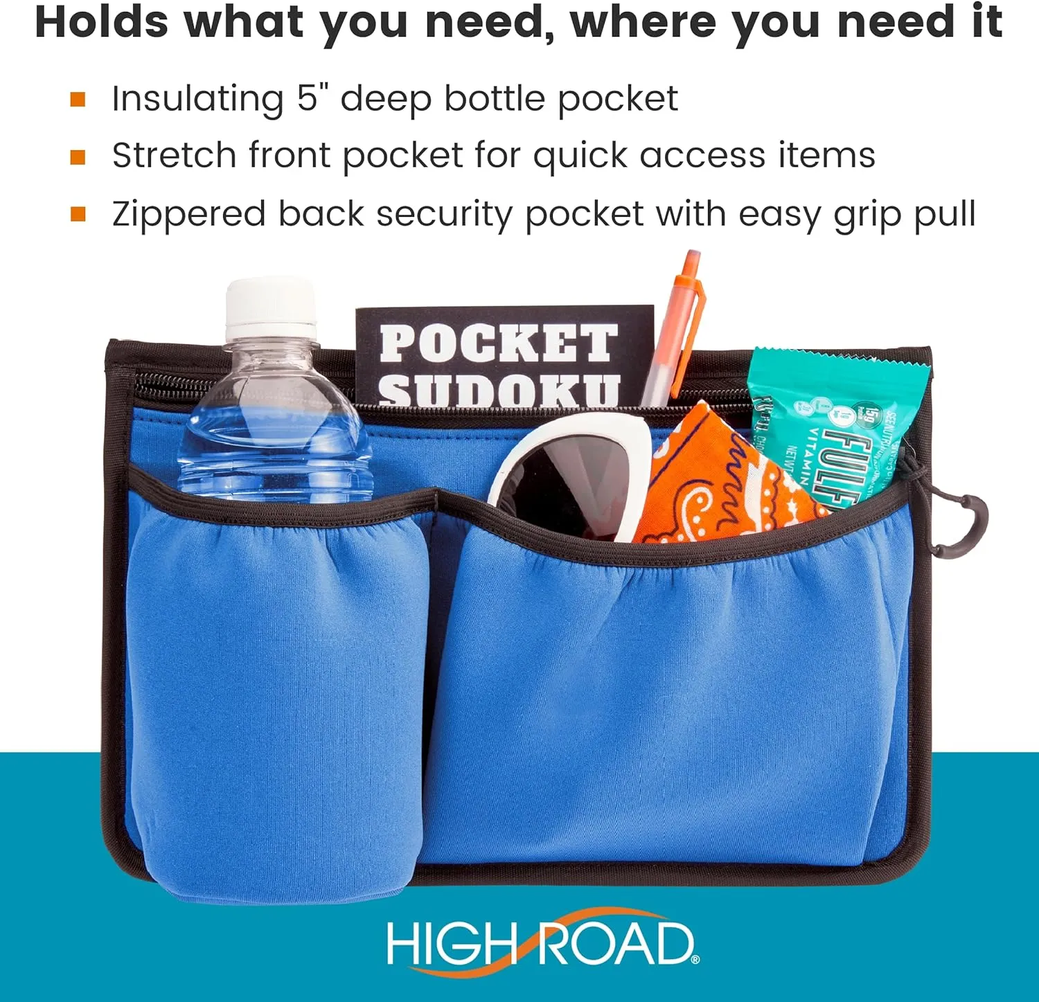 High Road Wheelchair Side Bag with Cup Holder - Stretch Neoprene Walker and Wheelchair Pouch with Insulating Wheelchair Cup Holder and 2 Storage Pockets (Blue)