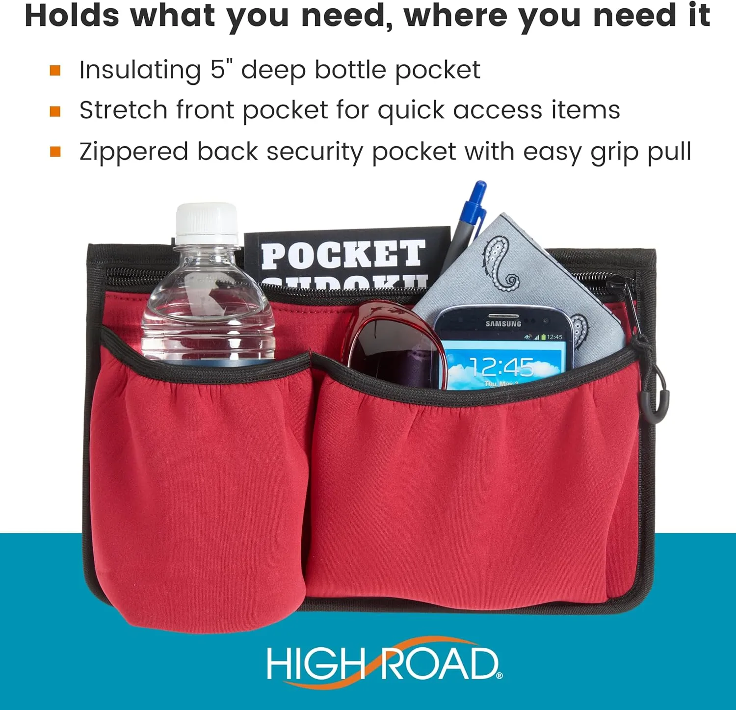 High Road Wheelchair Side Bag with Cup Holder - Stretch Neoprene Walker and Wheelchair Pouch with Insulating Wheelchair Cup Holder and 2 Storage Pockets