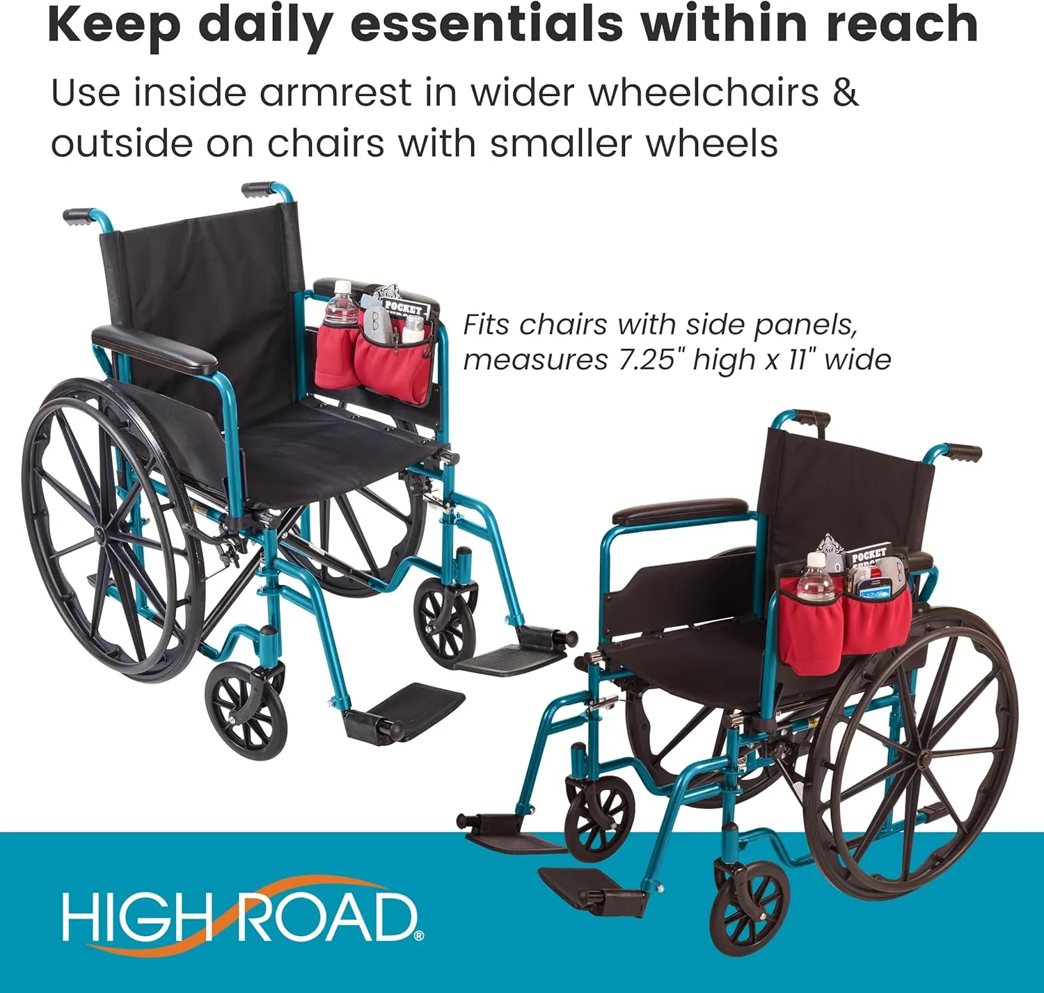 High Road Wheelchair Side Bag with Cup Holder - Stretch Neoprene Walker and Wheelchair Pouch with Insulating Wheelchair Cup Holder and 2 Storage Pockets