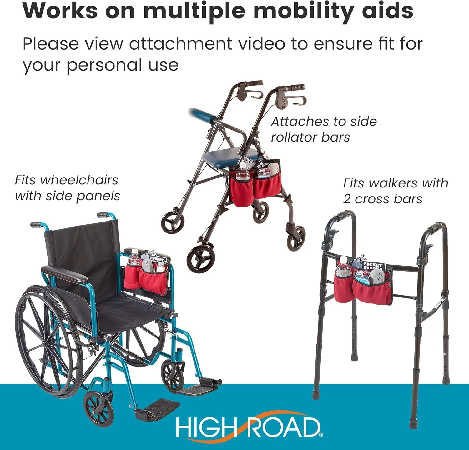 High Road Wheelchair Side Bag with Cup Holder - Stretch Neoprene Walker and Wheelchair Pouch with Insulating Wheelchair Cup Holder and 2 Storage Pockets