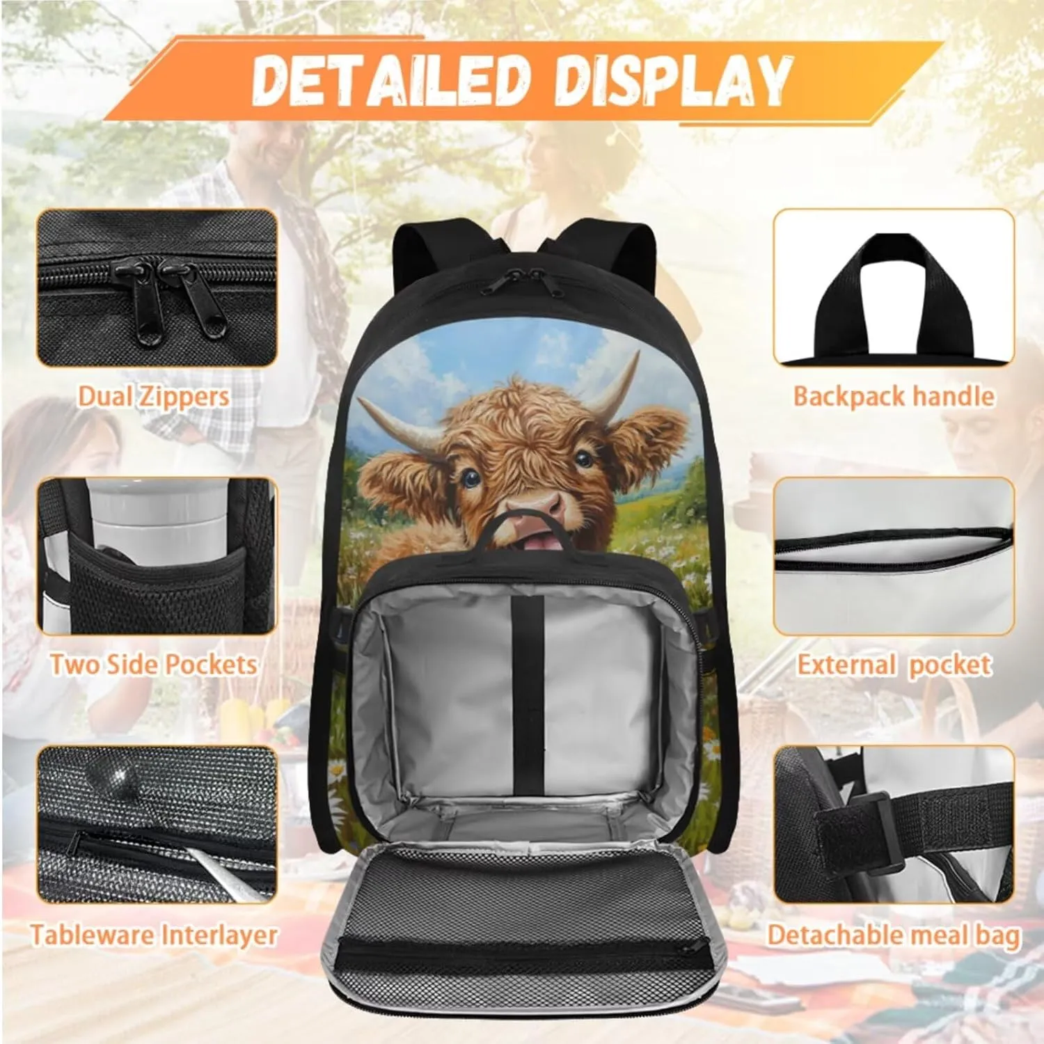 Highland Cow Backpack and Lunch Box Set Daisy Book Bags for Kids Custom Bookbag and Lunch Box Set for Girls Customized Back to School Gifts Bag with Detachable Lunchbag