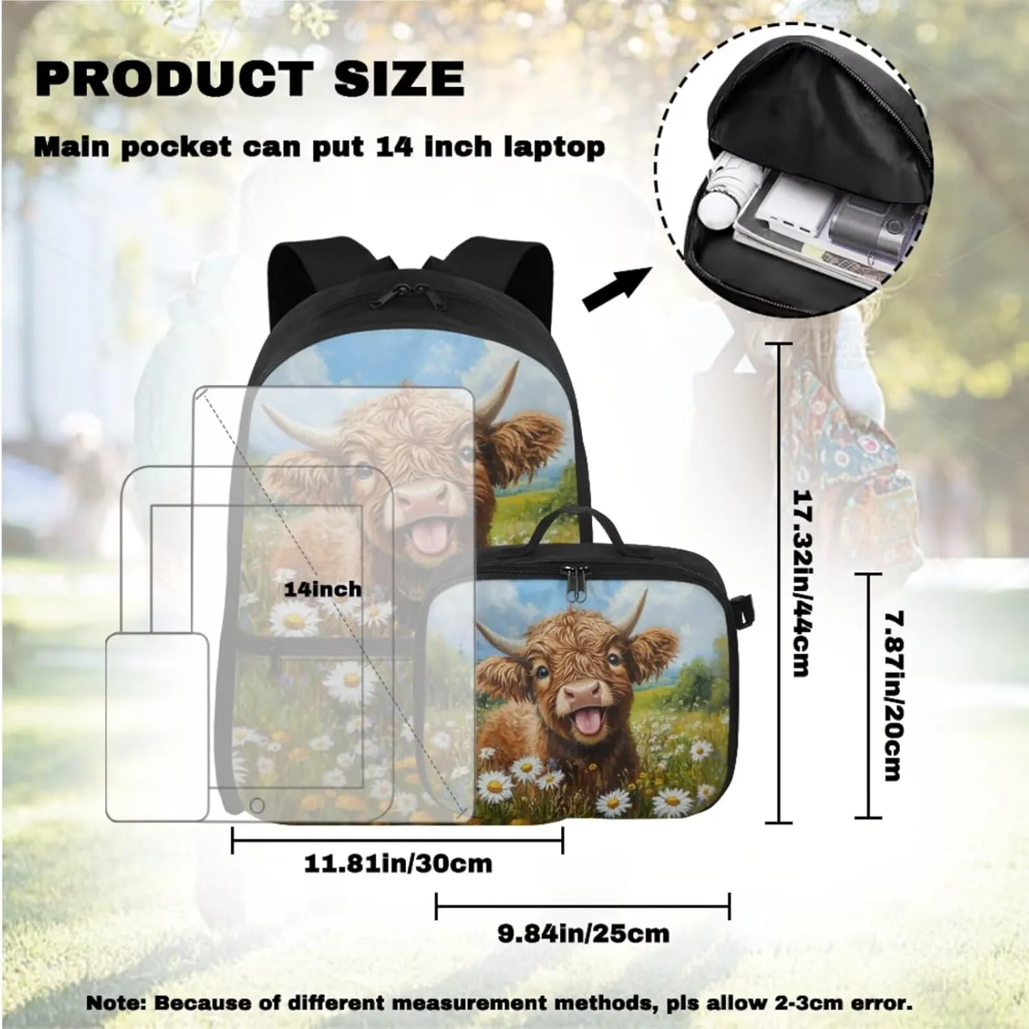 Highland Cow Backpack and Lunch Box Set Daisy Book Bags for Kids Custom Bookbag and Lunch Box Set for Girls Customized Back to School Gifts Bag with Detachable Lunchbag