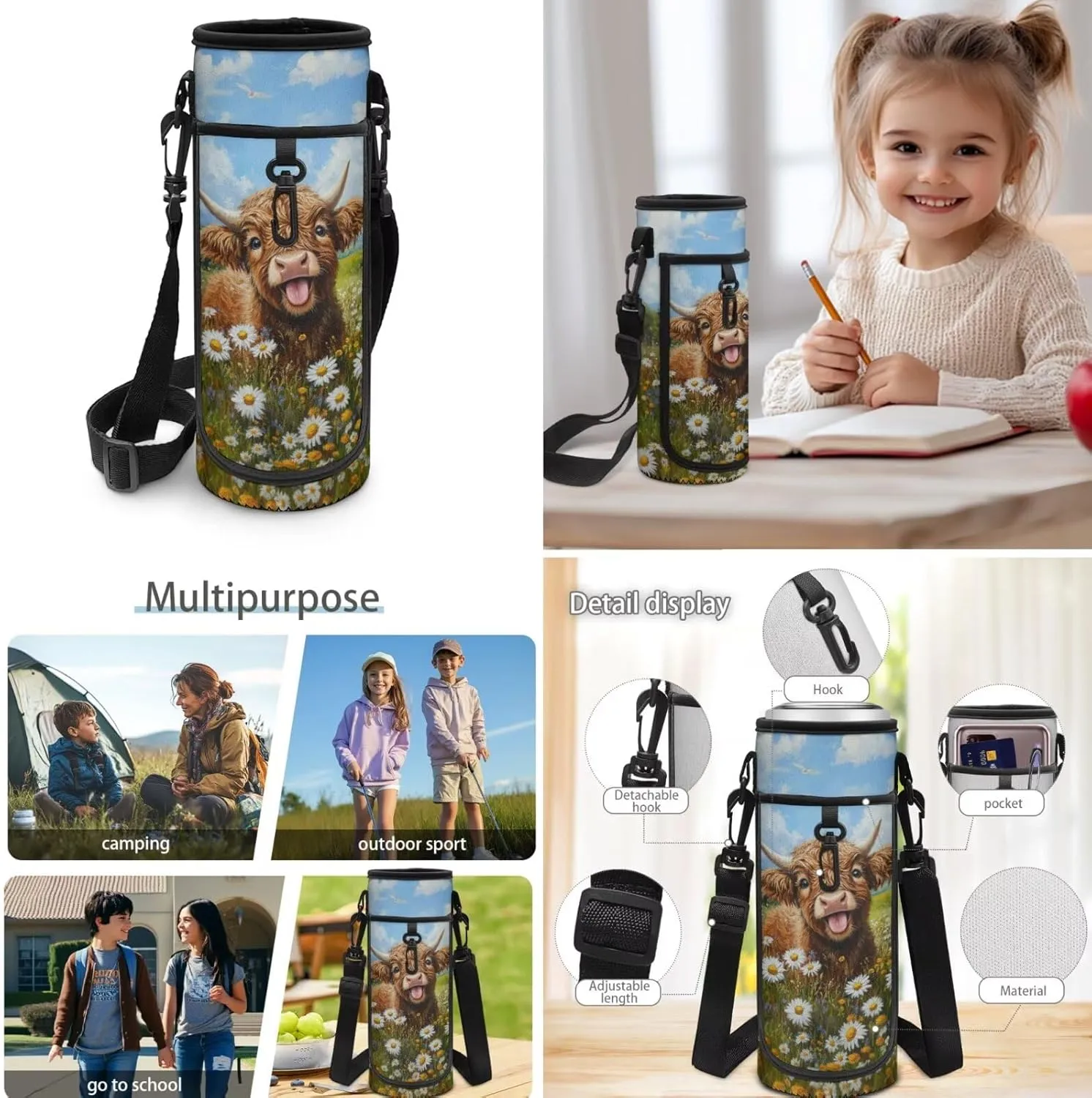 Highland Cow Backpack and Lunch Box Set Daisy Book Bags for Kids Custom Bookbag and Lunch Box Set for Girls Customized Back to School Gifts Bag with Detachable Lunchbag