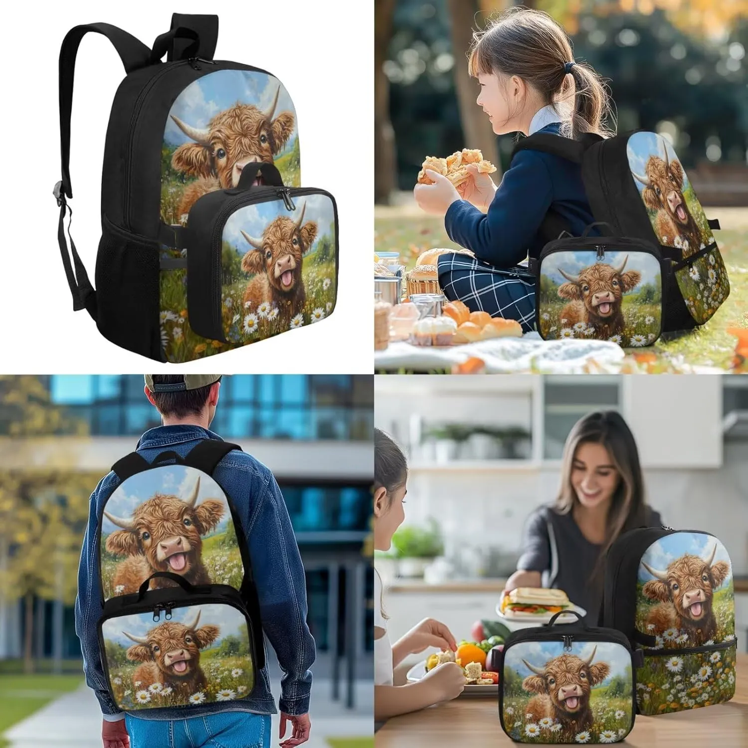 Highland Cow Backpack and Lunch Box Set Daisy Book Bags for Kids Custom Bookbag and Lunch Box Set for Girls Customized Back to School Gifts Bag with Detachable Lunchbag