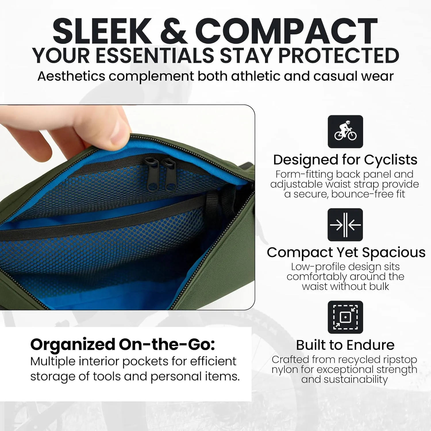 Hip Pack - Hunter Green | Durable & Waterproof Fanny Pack for Cyclists | Adjustable Fit with Organized Storage | Recycled Ripstop Nylon for Biking, Hiking, and Everyday Carry
