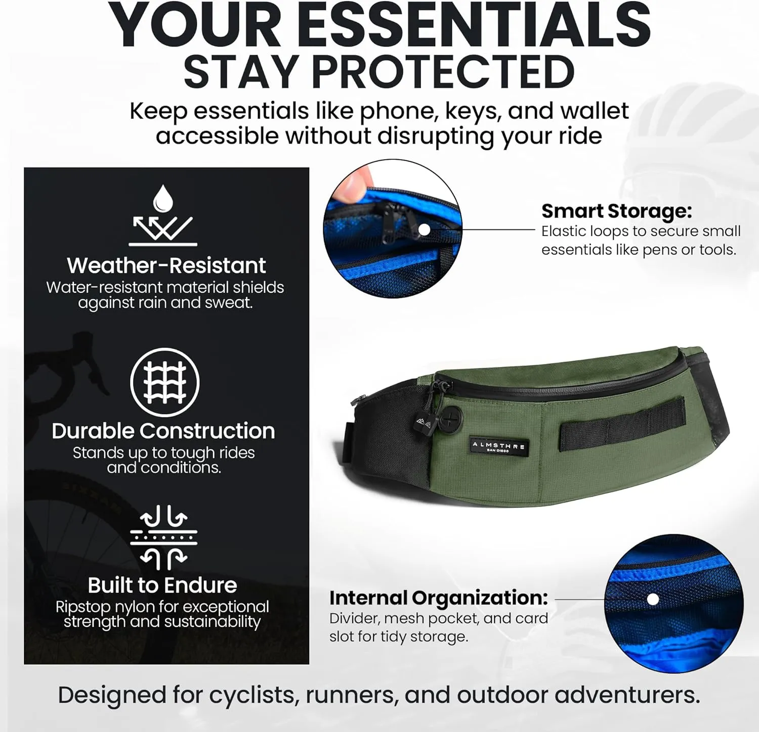 Hip Pack - Hunter Green | Durable & Waterproof Fanny Pack for Cyclists | Adjustable Fit with Organized Storage | Recycled Ripstop Nylon for Biking, Hiking, and Everyday Carry