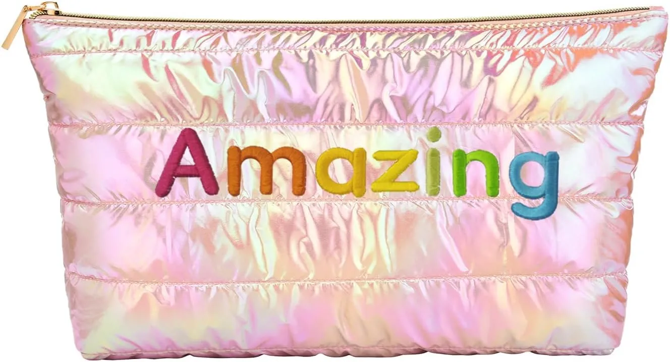 Hiroyuki Iridescent Quilted Makeup Bag, Unicorn Vibe Cosmetic Bag, Large Capacity Travel-Friendly Pouch (Amazing, pink2)