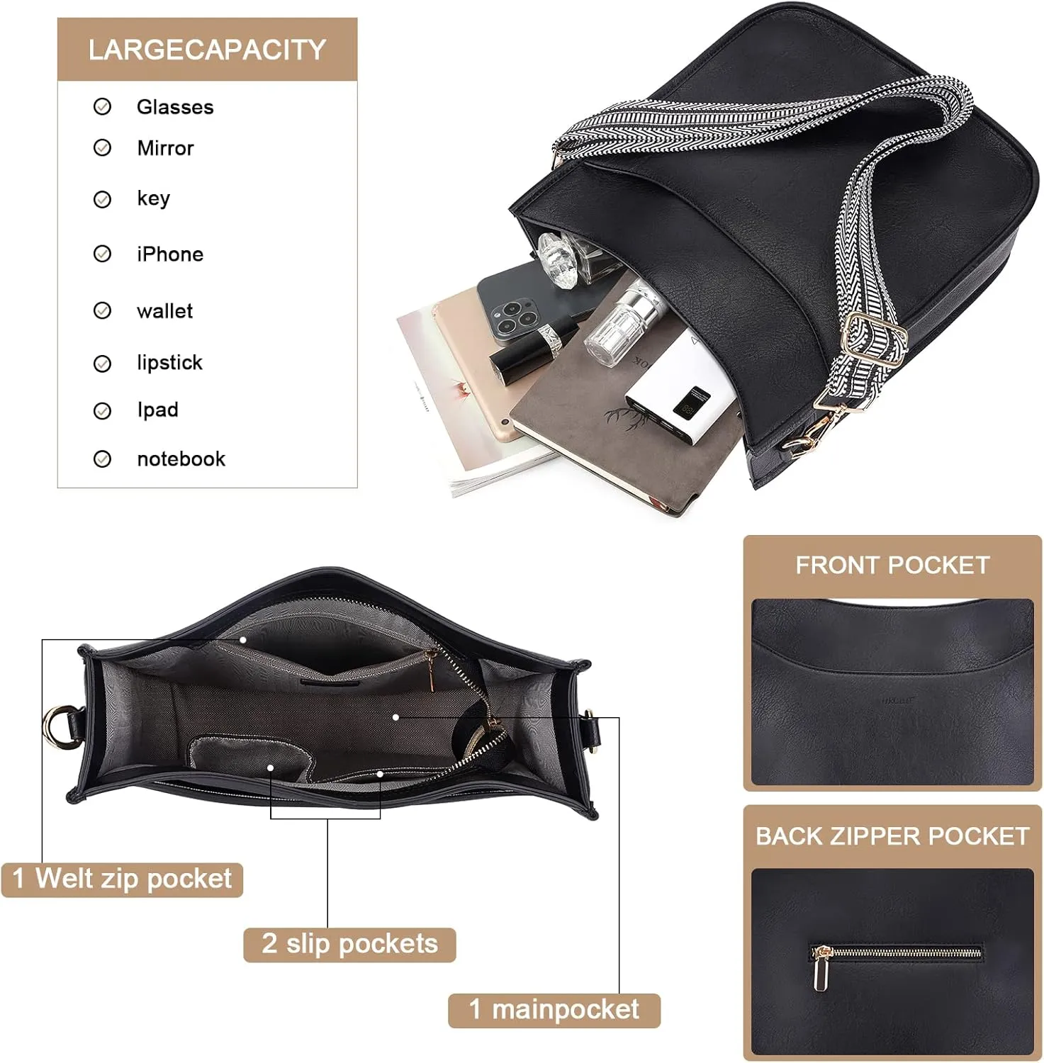 HKCLUF Crossbody Bag for Women Vegan Leather Hobo Handbags Guitar Strap Purse Shoulder Bucket Bag with 2PCS Adjustable Straps