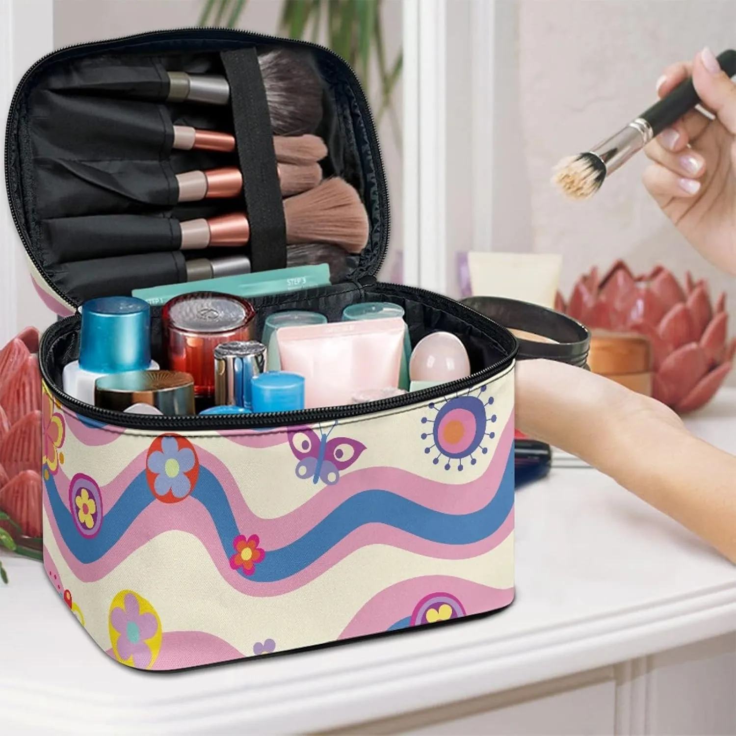 Horeset Cartoon Straps Print Cosmetic Bag for Women Ladies,Casual Design Makeup Bag Summer Travel Storage Pouch Coin Purse