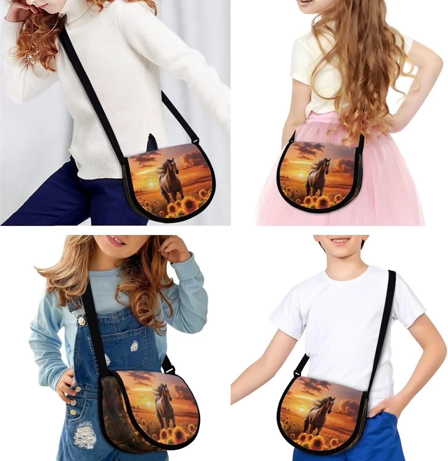 Horse Cross Body Purse 6-12 Kids Small Messenger Bag Sunflower Gifts Crossbody Pouch Adjustable Straps Travel Wallet Shoulder Bags Back To School
