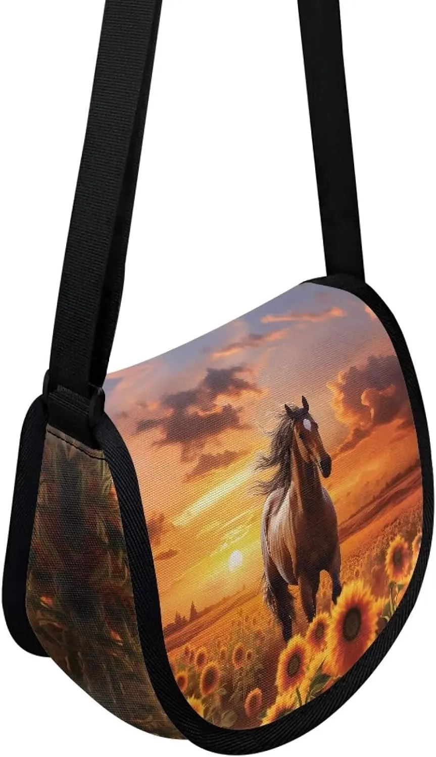 Horse Cross Body Purse 6-12 Kids Small Messenger Bag Sunflower Gifts Crossbody Pouch Adjustable Straps Travel Wallet Shoulder Bags Back To School