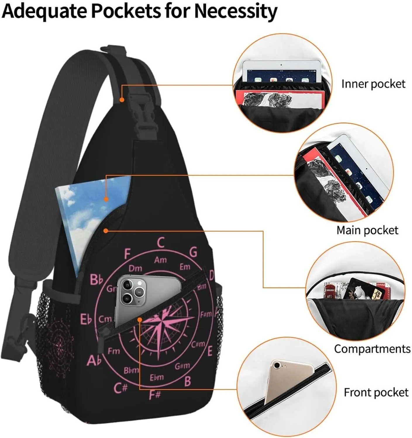 Hot Pink Fifths Music Circle Compass Crossbody Bag Cross Chest Bag Adjustable Sling Backpack Sports Gym Shoulder Bags Travel Cycling Daypack Diagonally Casual Rucksack
