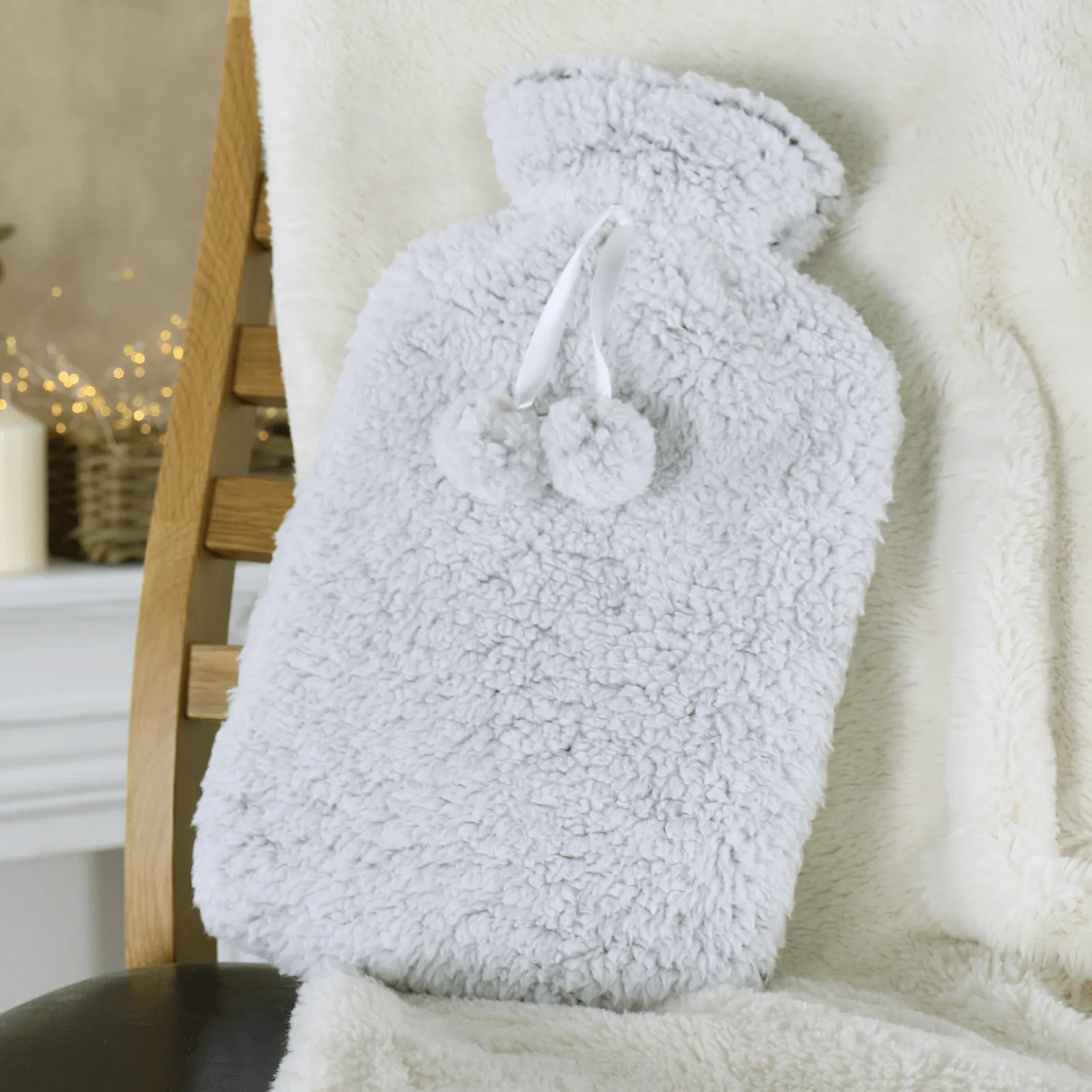 Hot Water Bottle Grey Luxury Sherpa Thick Fleece Cover 2 Litre