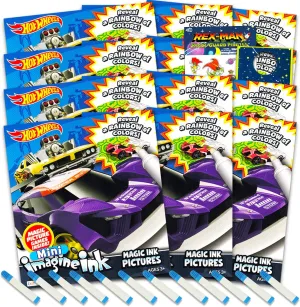Hot Wheels Imagine Ink Coloring Book Set for Kids - 12 Pack No-Mess Magic Ink Race Car Coloring Books With Rex-Man Stickers and Door Hanger (Party Supplies Favors Bundle)