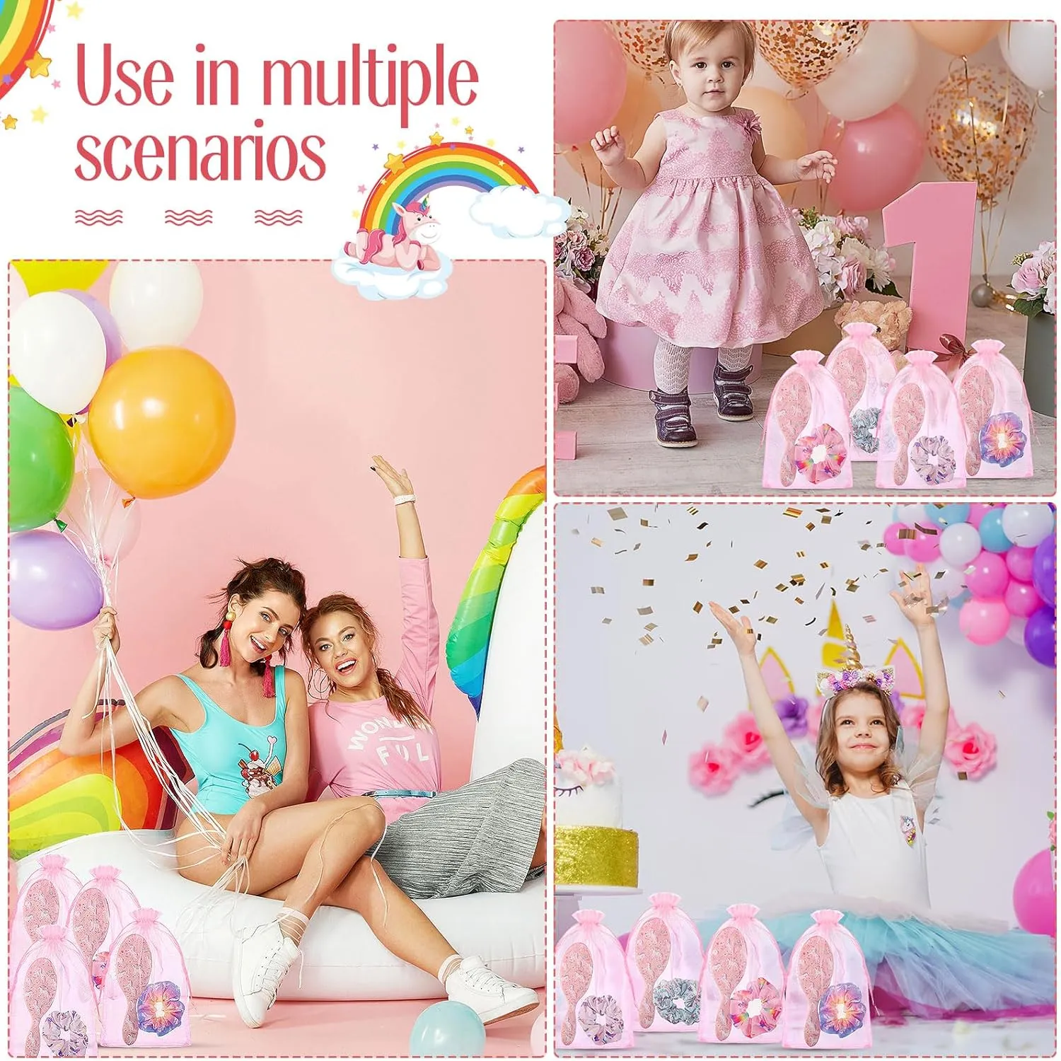 Hotop 24 Pcs Pink Unicorn Party Favors, Girl Party Supplies Include 9 Inch Unicorn Detangling Brush Hair Scrunchies Organza Bag for Girls Makeup Kit Hair Accessories